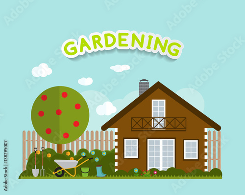 Gardening Flat Background Vector Illustration. Garden Tools, Tre