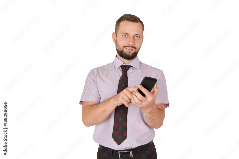 Business and technology. Full length of confident young man in suit using smart phone. Isolated on white. Business and technology. Full length of confident young man in suit using smart phone. Isolated on white.