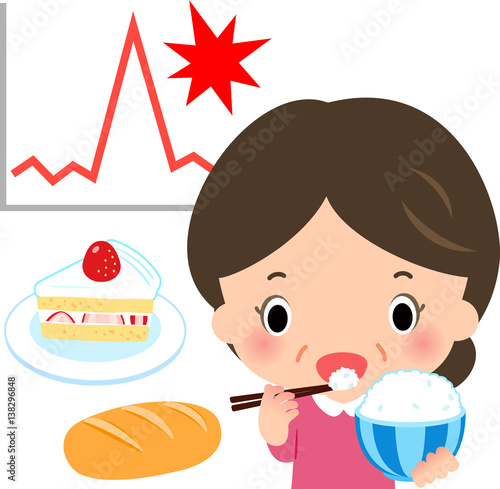 ご飯を食べる女性と血糖値急上昇のイメージ
