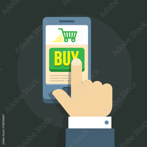 vector illustration of a man s hand, committing shopping spree online via smartphone