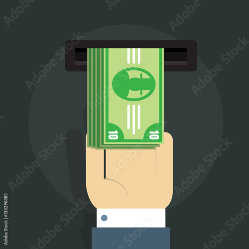 vector illustration of a man s hand and a bundle of money in front of the ATM
