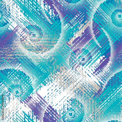 Abstract grunge seamless chaotic pattern with brushstrokes. Urban winter camouflage texture. Season colorful background. Modern wallpaper. Fashionable print with a shabby paint effect.