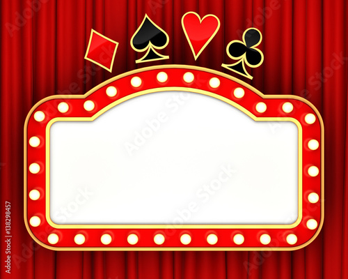 Retro banner with glowing lights and card symbols. 3D rendering