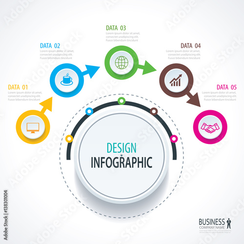 Business timeline infographics with 5 circles steps number options. Can be used for workflow layout, diagram, data, banner, web design.