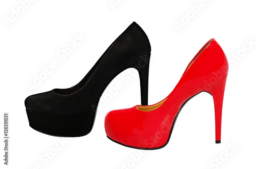 red and black high heeled woman shoes isolated on white