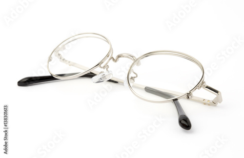 silver Eye Glasses Folded Isolated on White.