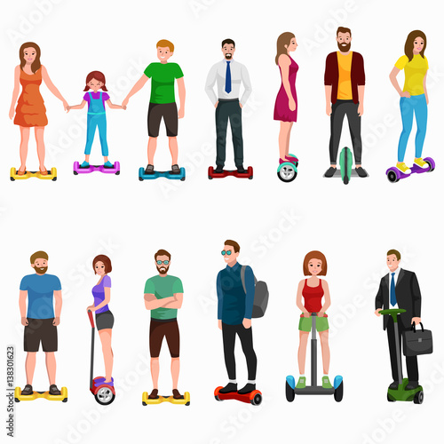 active peoples fun with electric scooter, family on segway new modern technology hoverboard, man woman and child self balance wheel transport gyroscooter ride the street vector illustrator