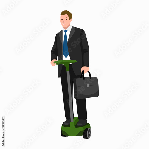 active peoples fun with electric scooter, segway new modern technology hoverboard, man self balance wheel transport gyroscooter ride the street vector illustrator