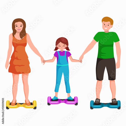 active peoples fun with electric scooter, family on segway new modern technology hoverboard, man woman and child self balance wheel transport gyroscooter ride the street vector illustrator