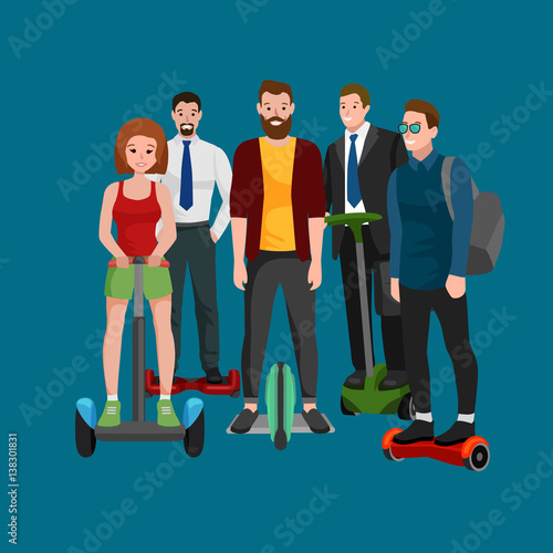 active peoples fun with electric scooter, family on segway new modern technology hoverboard, man woman and child self balance wheel transport gyroscooter ride the street vector illustrator