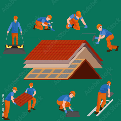 roof construction worker repair home, build structure fixing rooftop tile house with labor equipment, roofer men with work tools in hands outdoors renovation residential vector illustration