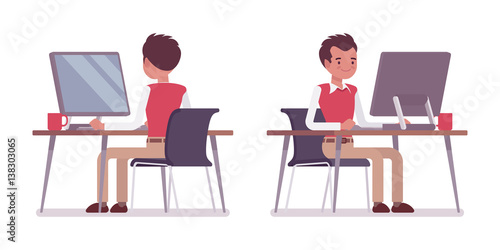 Set of young male office worker at the office desk