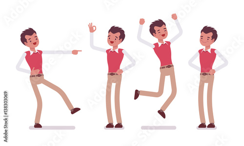 Set of young male office worker showing positive emotions