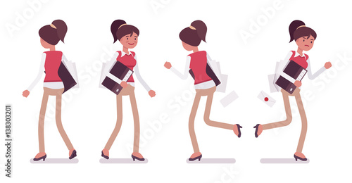 Set of young frmale office worker in walking and running poses