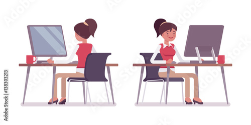Set of young female office worker at the office desk