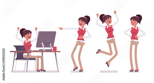 Set of young female office worker showing positive emotions