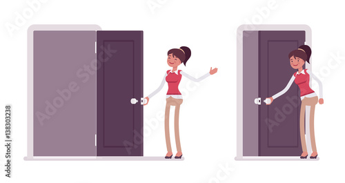 Set of young female office worker opening, closing the door
