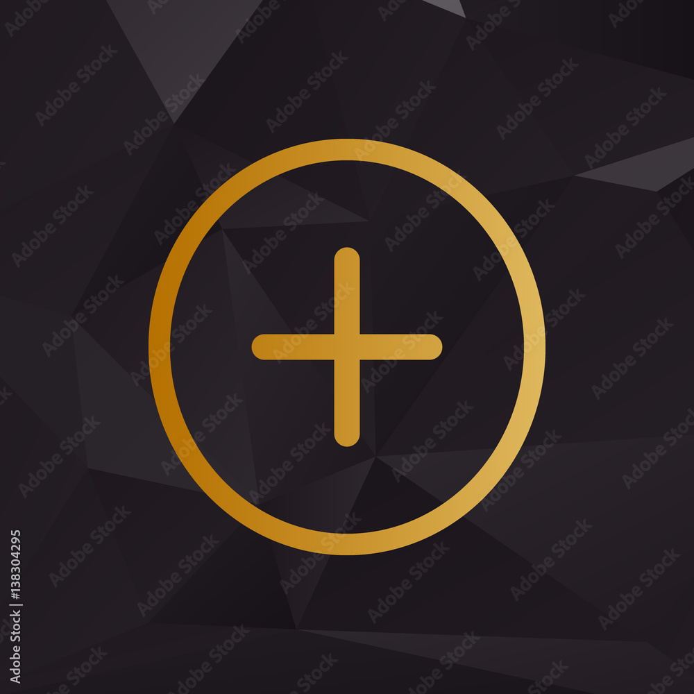 Positive symbol plus sign. Golden style on background with polygons. Positive symbol plus sign. Golden style on background with polygons.