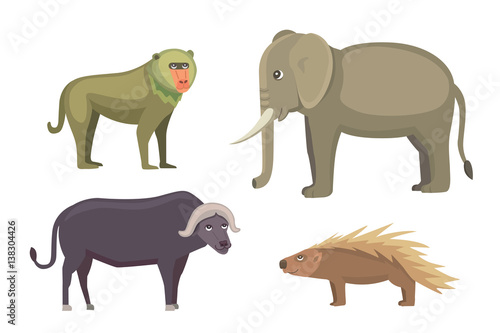 African animals cartoon vector set. elephant, rhino, giraffe, cheetah, zebra, hyena, lion, hippo, crocodile, gorila and outhers. safari isolated illustratio. © denis08131