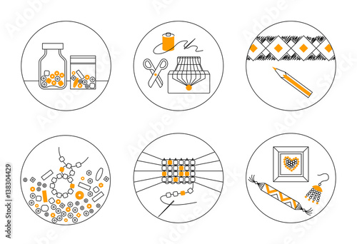 Set of six thin line round vector icons on theme of beadwork, jewelry work, handicraft, bead weaving, hobby. Storage, equipment, process, goods.