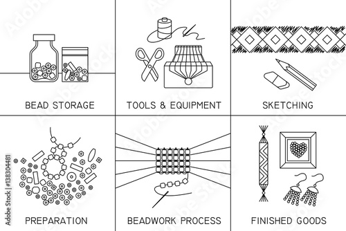 Set of six thin line square vector icons on the theme of beadwork, jewelry work, handicraft, bead weaving, hobby.