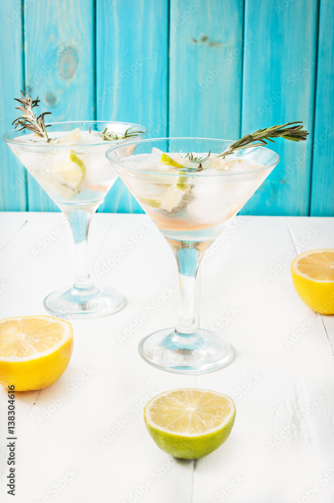 Gin, lemon, rosemary fizz, cocktail with honey and fresh herbs on a white background