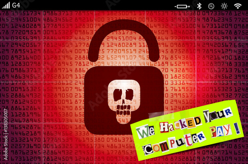 Ransomware padlock and ransom note on red screen