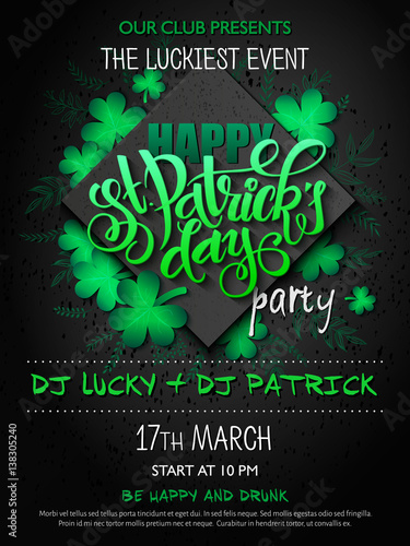 Vector st Patricks day party poster with lettering, clover leaf, doodle branches and rhombus