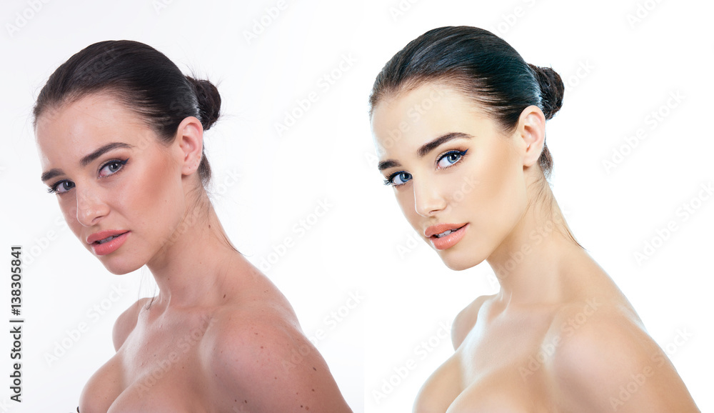 Retouch - face of beautiful young woman before and after retouch. Power of retouching. Retouch - face of beautiful young woman before and after retouch. Power of retouching.
