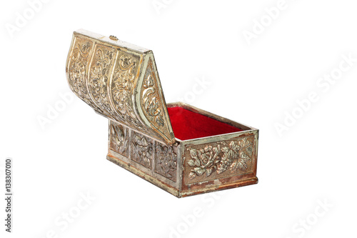 Metal box. Open casket with red velvet inside. elegant metal box for jewelry. Back view