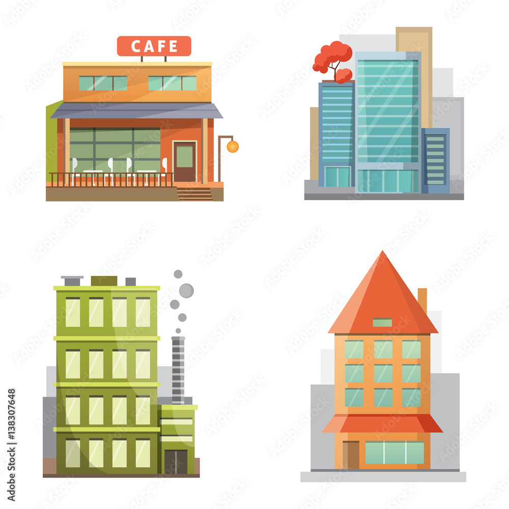Flat design of retro and modern city houses. Old buildings, skyscrapers. colorful cottage building, cafe house front.
