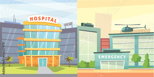 Set Hospital building cartoon modern vector illustration. Medical Clinic and city background. Emergency room exterior.