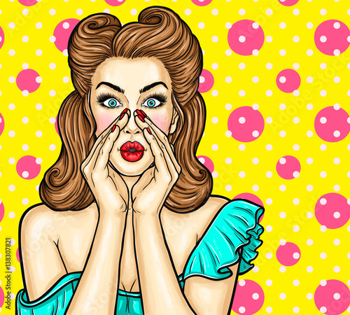 Sexy pop art girl holding hands to his mouth and whispers about discounts and sales