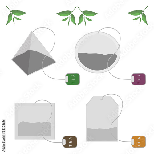 Vector illustration of logo for tea bag,green branch with leaves,isolated on white background.Tea bags drawing consisting of four shapes:round,rectangle,square,pyramid.Drink hot fresh teabag,sachet.