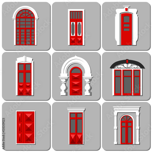Vector set of flat vintage decorative red doors on gray background. Arched, stained glass exterior elements in London style.