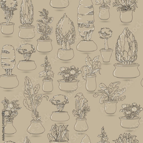 Seamless pattern with black doodle house plants in ceramic pots