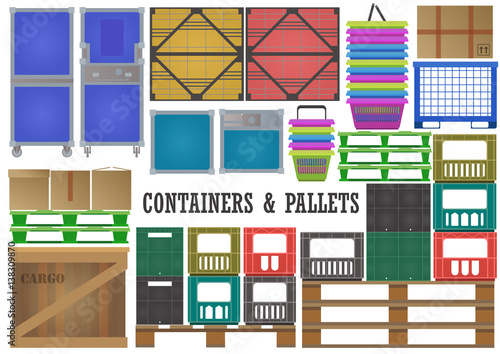 Vector set of flat wood, plastic, metal containers and pallets for transportation and storage of goods on white background.