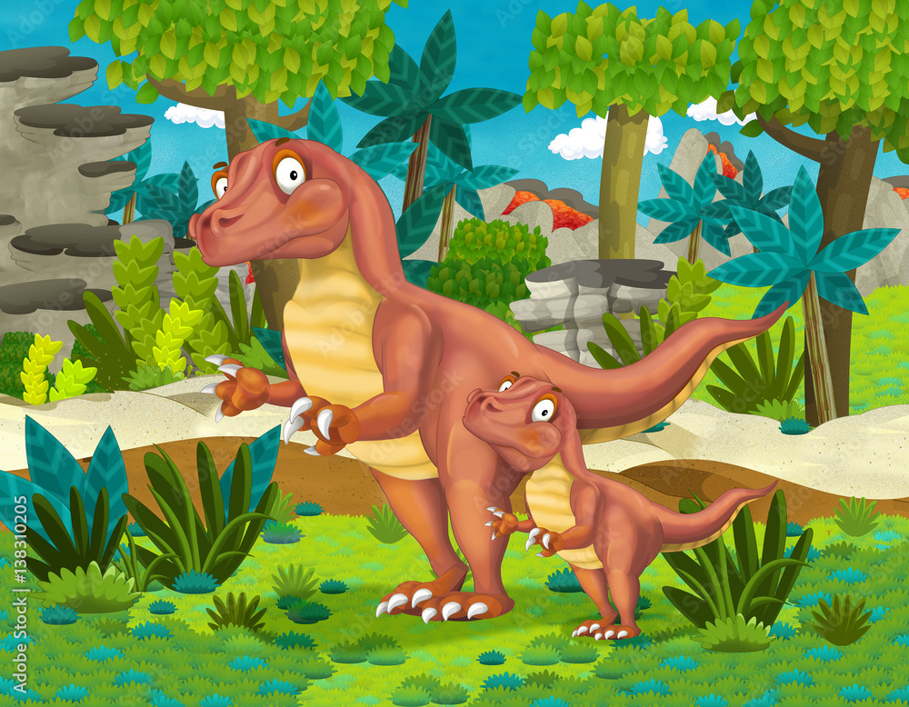 Naklejka kreskówka szczęśliwy dinozaur raptor - ilustracja dla dzieci