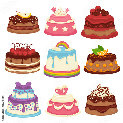 Decorated sweet festival cakes collection isolated on white