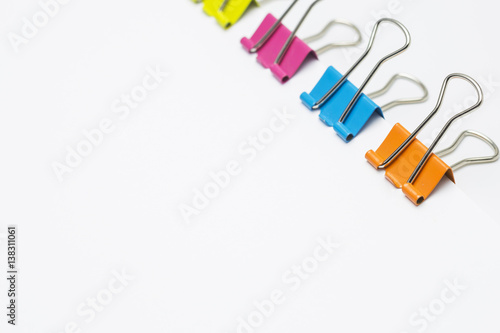Colorful paper clips isolated on white background, Copy space.
