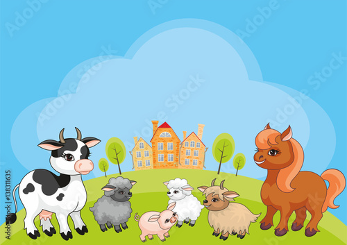 Vector kids background with the image of a rural landscape and funny farm animals © olga_a_belova