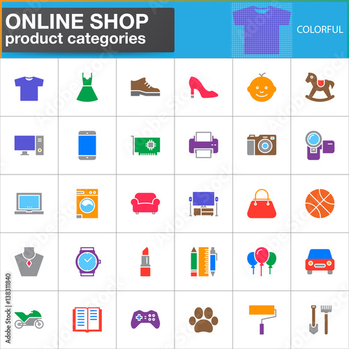Online shop product categories vector icons set, modern solid symbol collection, filled colorful pictogram pack. Signs, logo illustration. Set includes icons as clothes, shoes, computer, electronics
