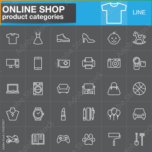 Online shopping product categories line icons set, outline vector symbol collection, linear white pictogram pack. Signs, logo illustration. Set includes icons as clothes, shoes, computer, electronics