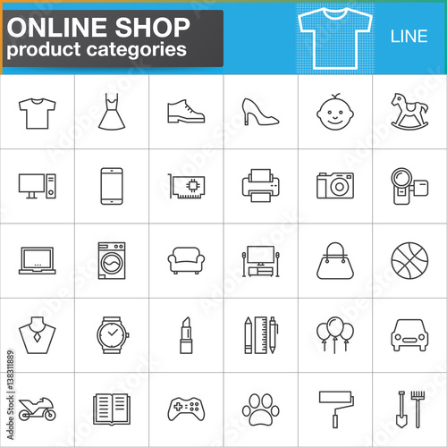 Online shopping product categories line icons set, outline vector symbol collection, linear style pictogram pack. Signs, logo illustration. Set includes icons as clothes, shoes, computer, electronics