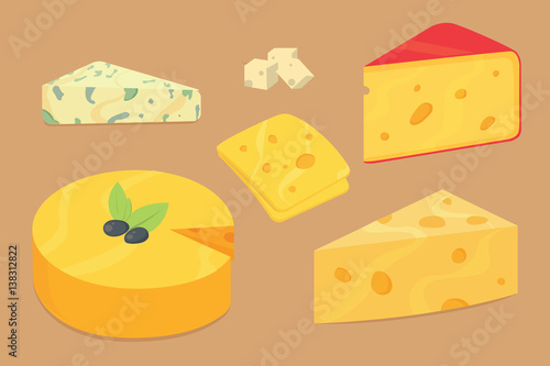Cheese types . Modern flat style realistic vector illustration icons. Isolated parmesan or cheddar fresh on white background.
