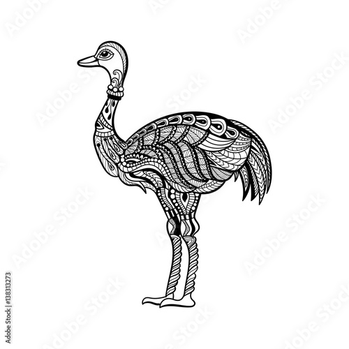 Vector of ostrich in zentangle style.Hand drawn  Black and White illustration