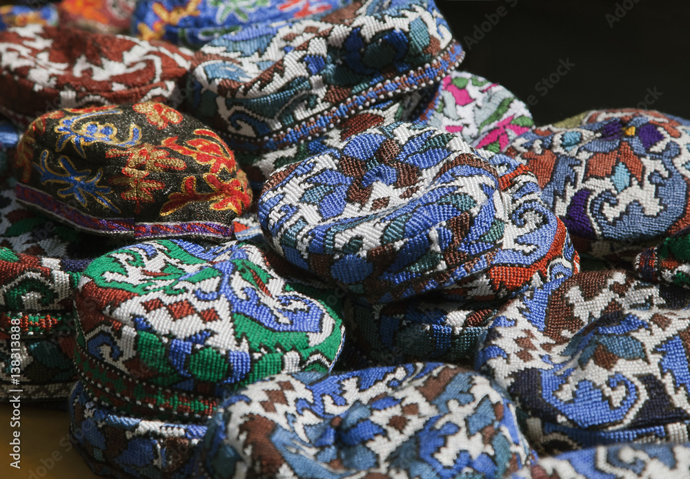 The traditional Uzbek cap, named tubeteika, on a market