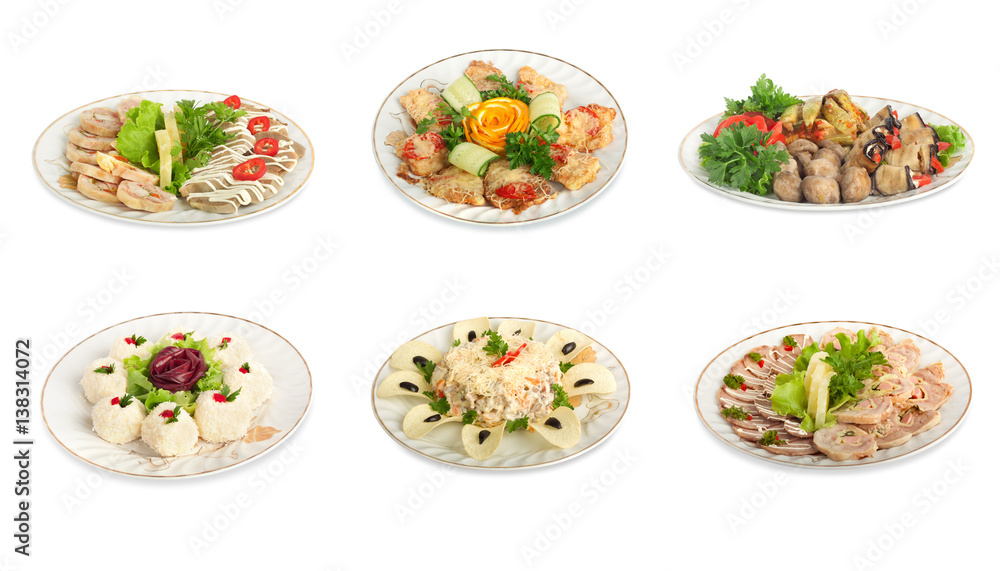 Set of festive meals of meat and vegetables isolated Set of festive meals of meat and vegetables isolated