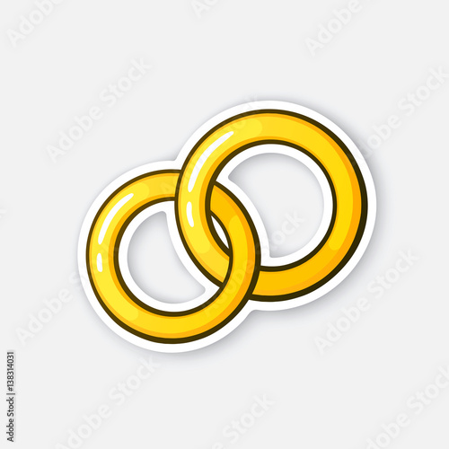 Vector illustration. Two gold wedding ring. Ceremonial wedding band. Sticker in cartoon style with contour. Decoration for greeting cards, patches, prints for clothes, badges, posters, emblems