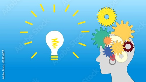 Gears rotate inside the human brain and an idea, animation, cartoon